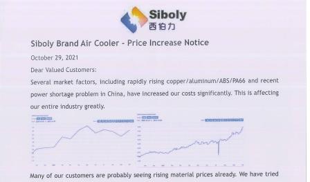 Enfriador de aire de la marca Siboly: aviso de aumento de precio